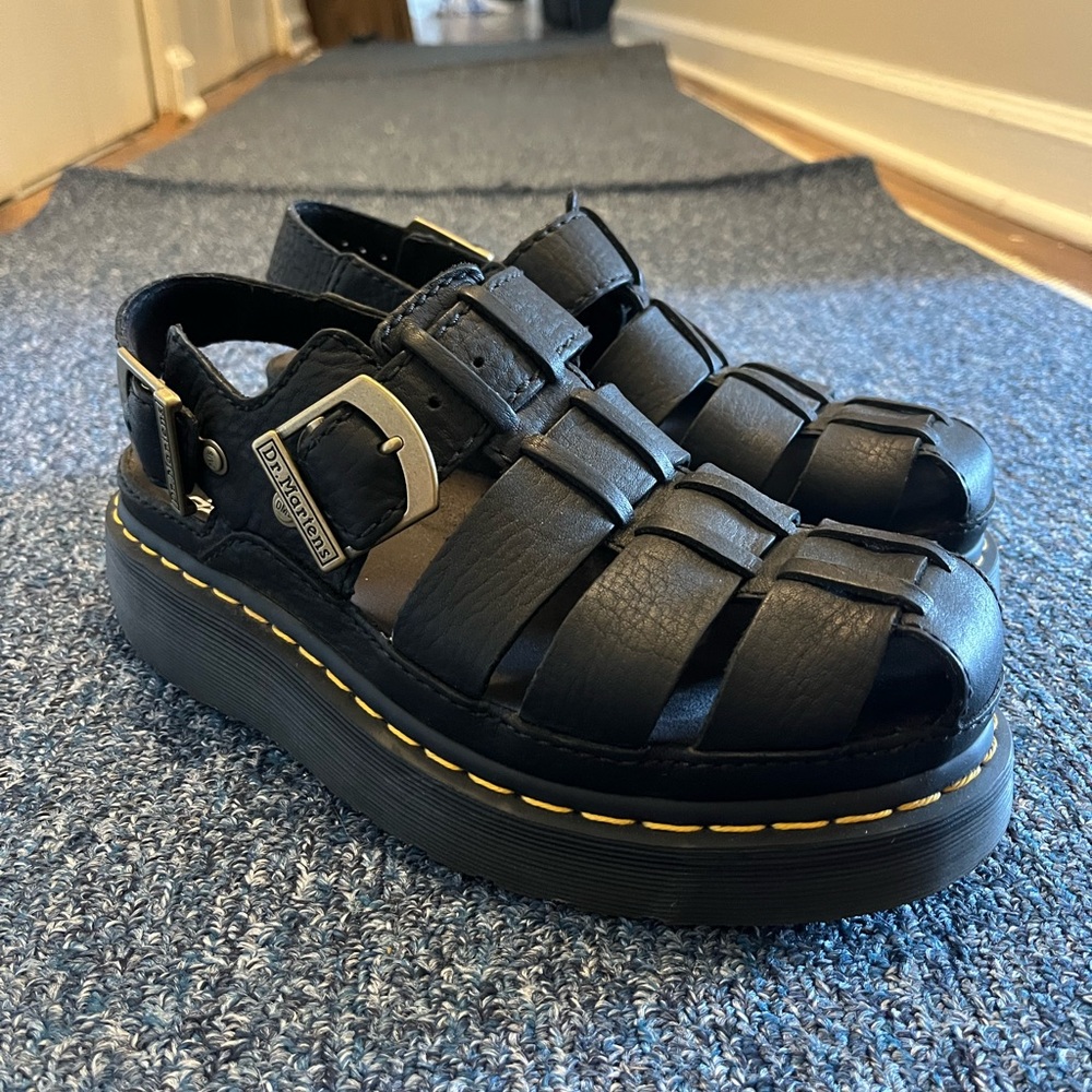 Dr. Martens Black Leather Fisherman Platform Sandals with Yellow Stitching